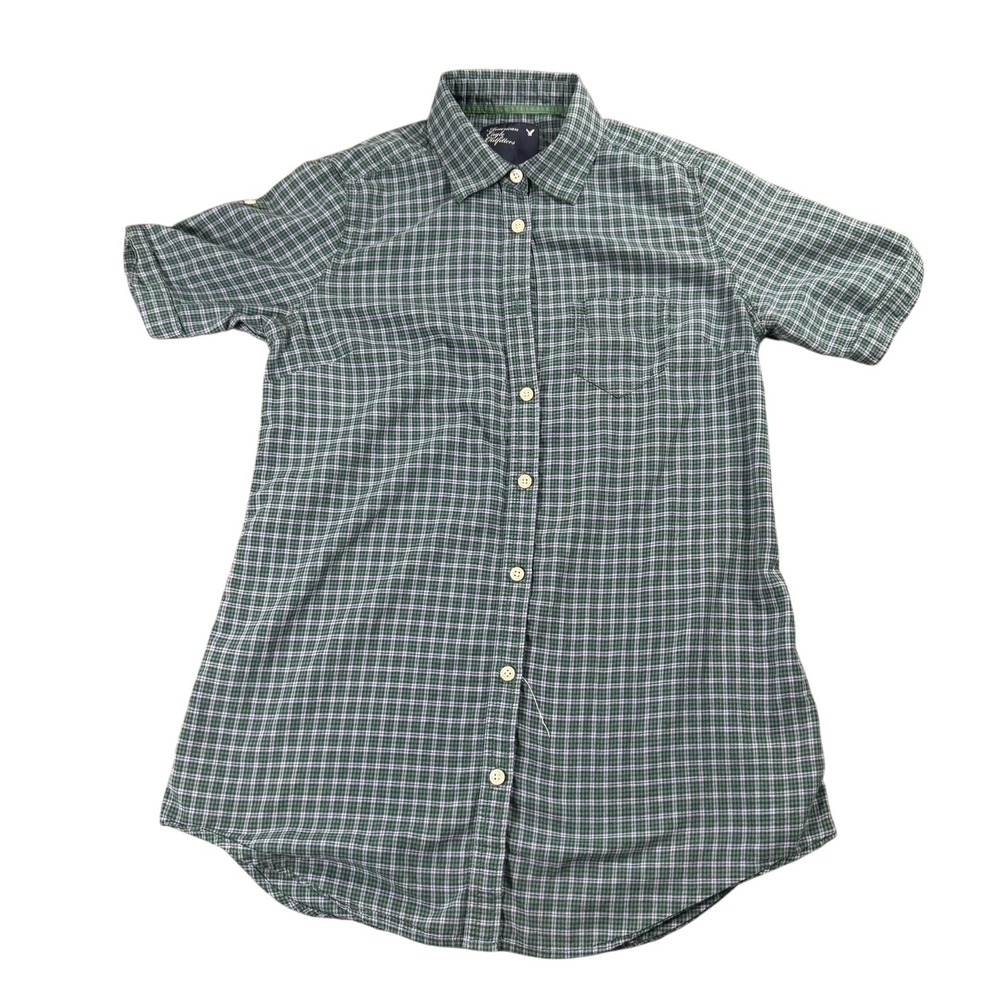 American Eagle Outfitters Shirt Boys 8 Green Plaid Short Sleeve Button Down